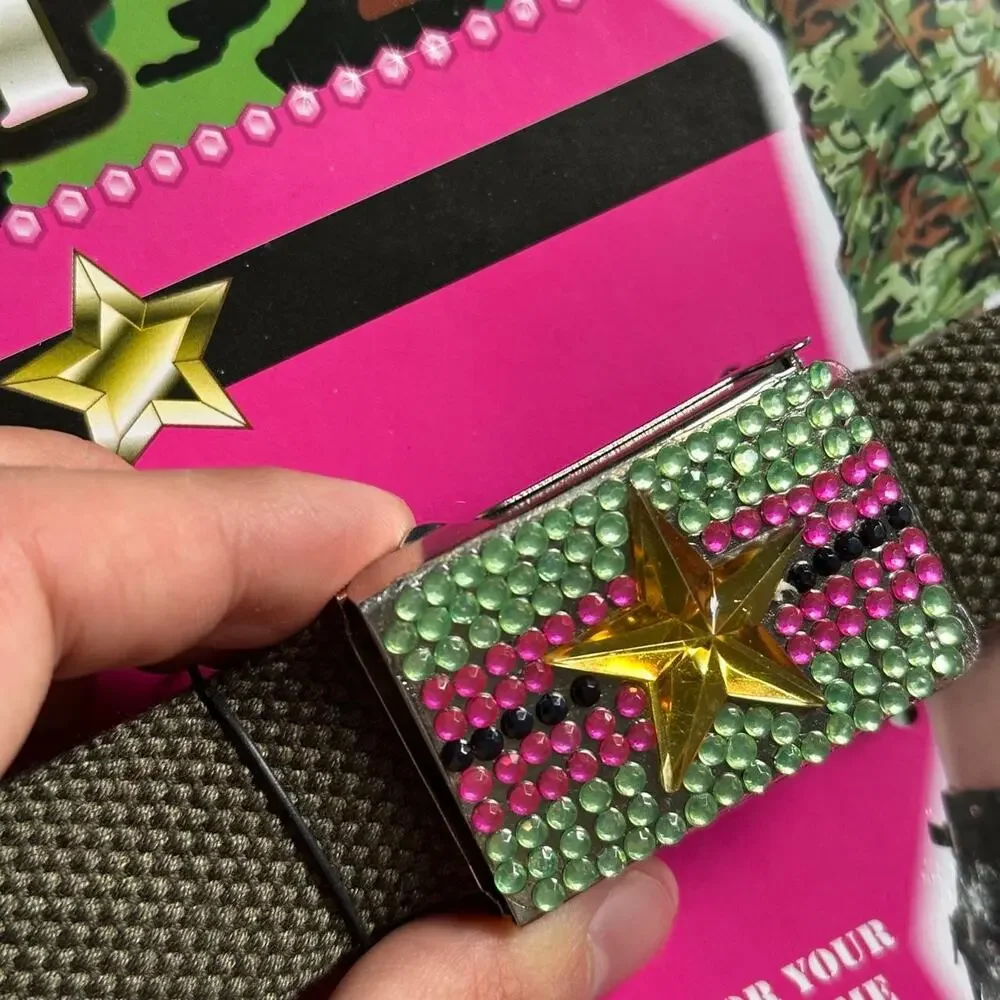 Vintage Green Military Cadet Cutie Rhinestone Strap Star Studded Costume Belt